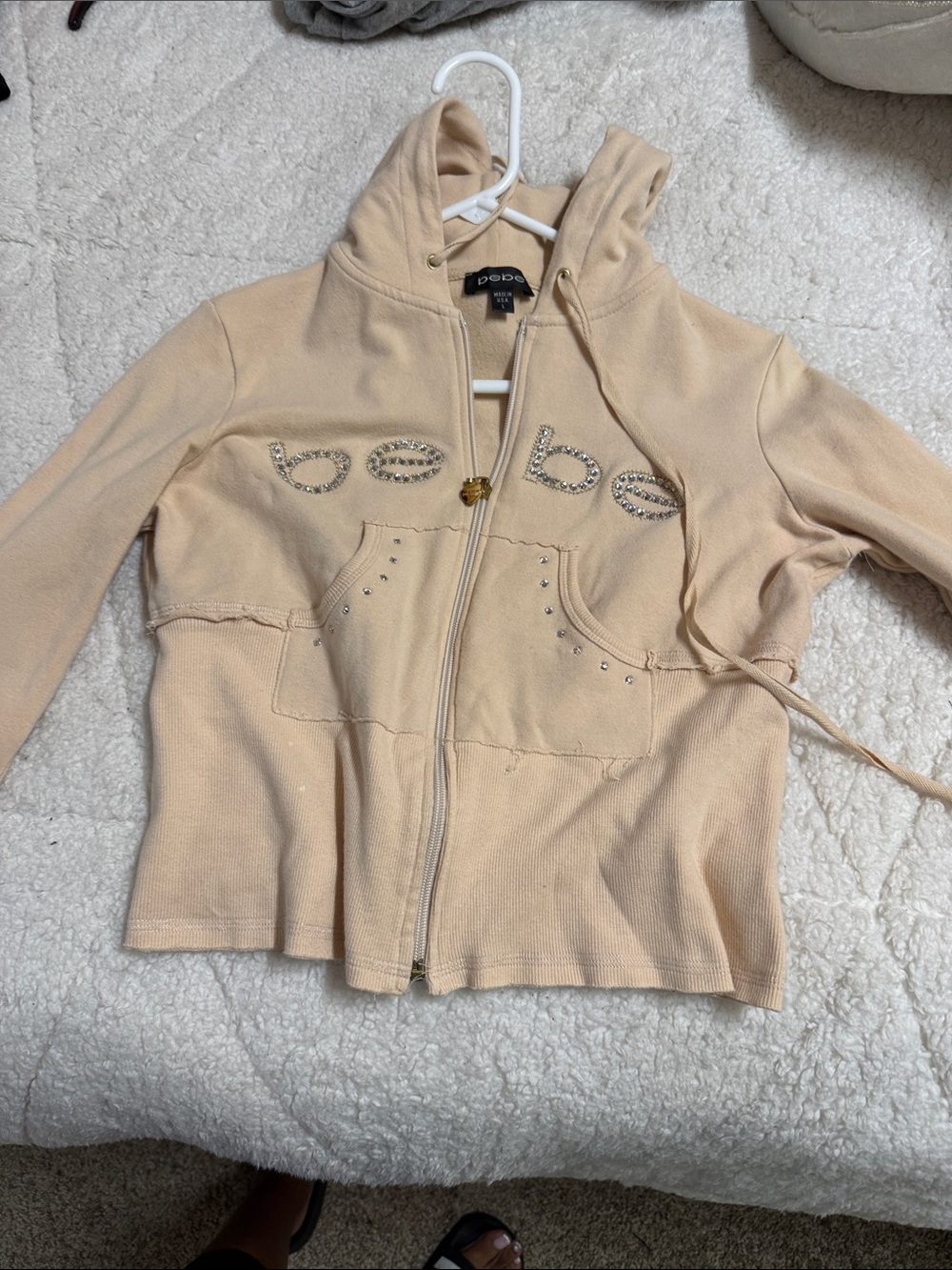 bebe Rhinestone Logo Beige Zip-Up Hoodie